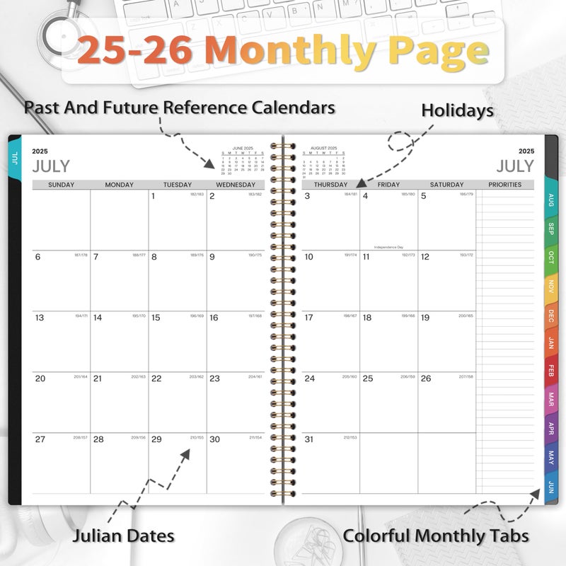BooQool 2025-2026 Appointment Book/Planner - 2025-2026 Academic Planner Large 9"" x 11"", July 2025 - June 2026, Daily Hourly Planner with 30-Minute Interval, Weekly Monthly Planner, Colorful Monthly Tabs, Inner Pocket - Black - Image 3